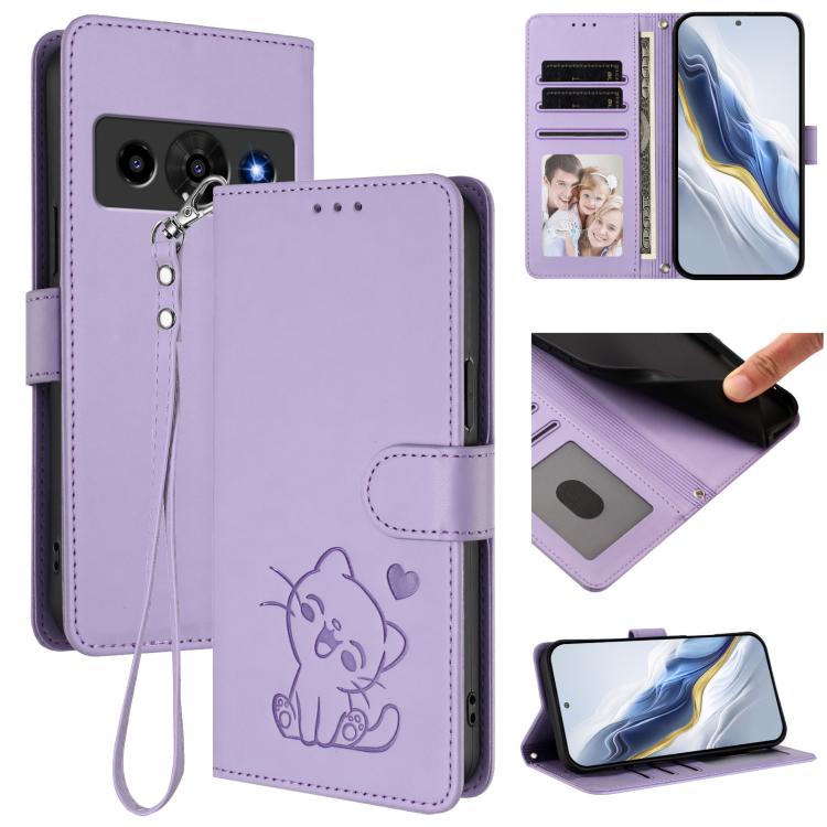 Embossed Heart Cat Leather Phone Case with Hand Strap, For ZTE nubia Neo 5 5G, For ZTE nubia Neo 5 GT 5G, For ZTE nubia P7 Pro 5G / Optus X Value 5G, For ZTE nubia P9 Pro 5G / Optus X Pro 2 5G