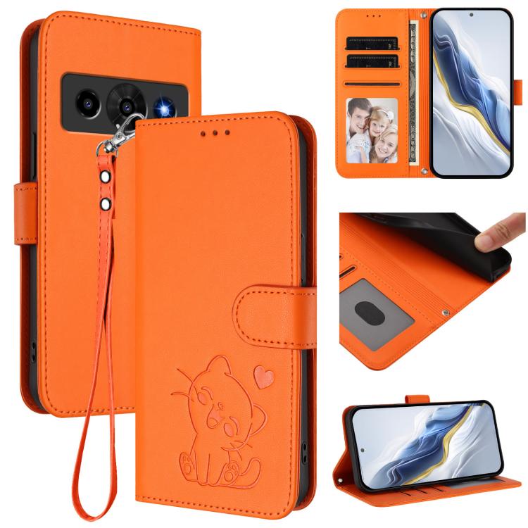 Embossed Heart Cat Leather Phone Case with Hand Strap, For ZTE nubia Neo 5 5G, For ZTE nubia Neo 5 GT 5G, For ZTE nubia P7 Pro 5G / Optus X Value 5G, For ZTE nubia P9 Pro 5G / Optus X Pro 2 5G