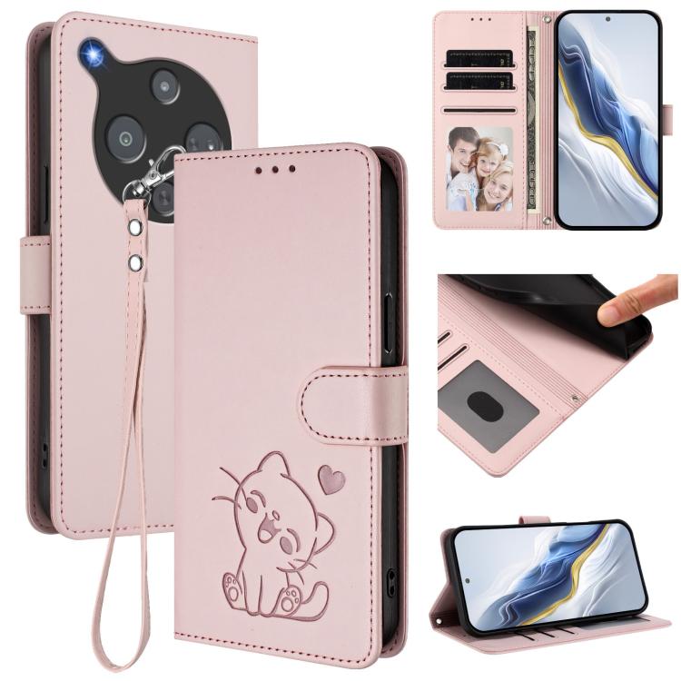 Embossed Heart Cat Leather Phone Case with Hand Strap, For ZTE nubia Neo 5 5G, For ZTE nubia Neo 5 GT 5G, For ZTE nubia P7 Pro 5G / Optus X Value 5G, For ZTE nubia P9 Pro 5G / Optus X Pro 2 5G
