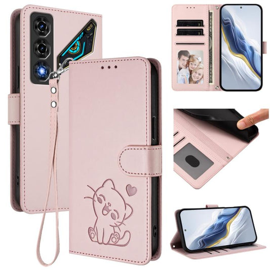 Embossed Heart Cat Leather Phone Case with Hand Strap, For ZTE nubia Neo 5 5G, For ZTE nubia Neo 5 GT 5G, For ZTE nubia P7 Pro 5G / Optus X Value 5G, For ZTE nubia P9 Pro 5G / Optus X Pro 2 5G