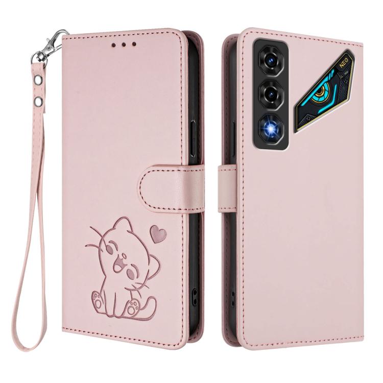 Embossed Heart Cat Leather Phone Case with Hand Strap, For ZTE nubia Neo 5 5G, For ZTE nubia Neo 5 GT 5G, For ZTE nubia P7 Pro 5G / Optus X Value 5G, For ZTE nubia P9 Pro 5G / Optus X Pro 2 5G