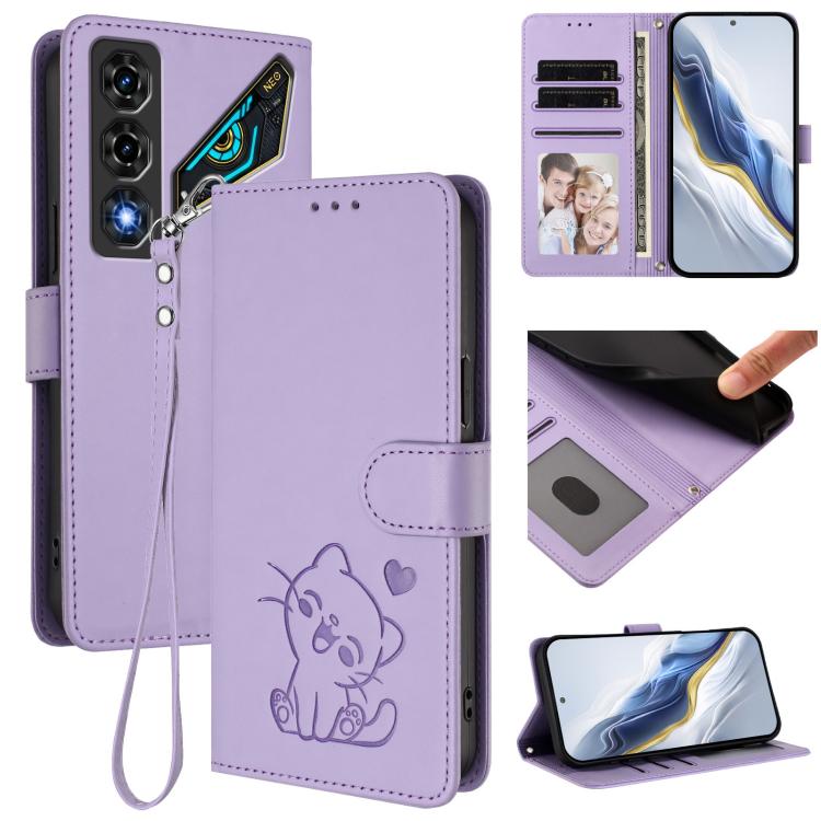 Embossed Heart Cat Leather Phone Case with Hand Strap, For ZTE nubia Neo 5 5G, For ZTE nubia Neo 5 GT 5G, For ZTE nubia P7 Pro 5G / Optus X Value 5G, For ZTE nubia P9 Pro 5G / Optus X Pro 2 5G