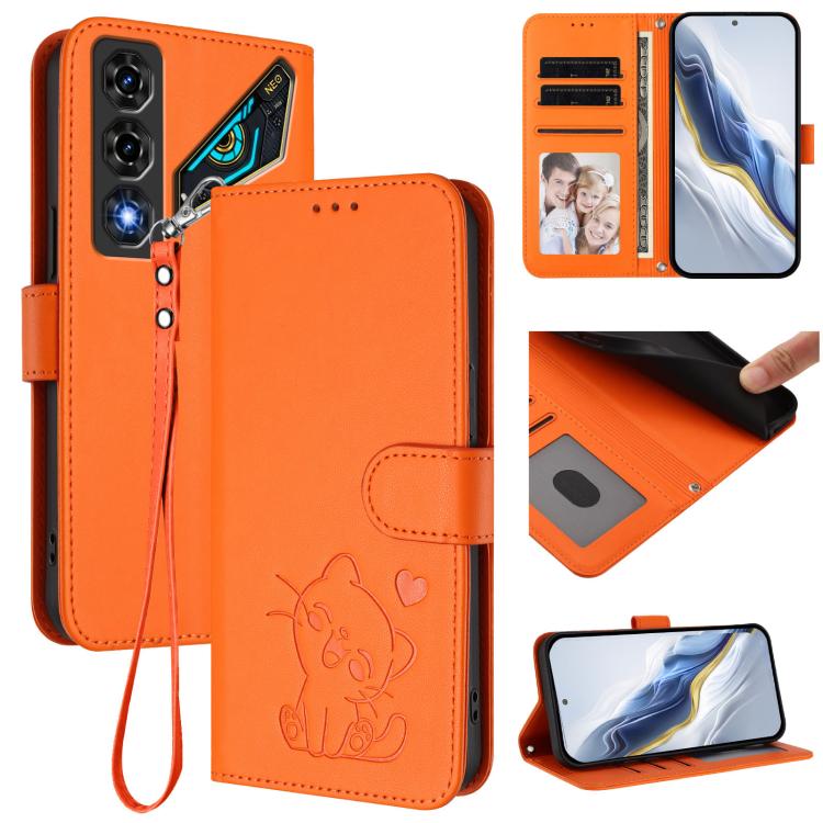 Embossed Heart Cat Leather Phone Case with Hand Strap, For ZTE nubia Neo 5 5G, For ZTE nubia Neo 5 GT 5G, For ZTE nubia P7 Pro 5G / Optus X Value 5G, For ZTE nubia P9 Pro 5G / Optus X Pro 2 5G