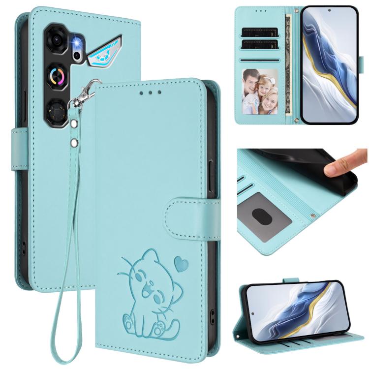 Embossed Heart Cat Leather Phone Case with Hand Strap, For ZTE nubia Neo 5 5G, For ZTE nubia Neo 5 GT 5G, For ZTE nubia P7 Pro 5G / Optus X Value 5G, For ZTE nubia P9 Pro 5G / Optus X Pro 2 5G