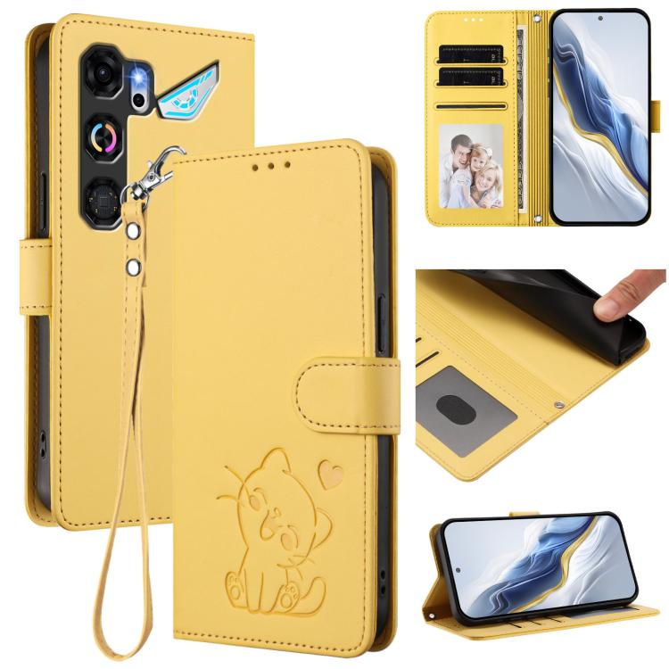 Embossed Heart Cat Leather Phone Case with Hand Strap, For ZTE nubia Neo 5 5G, For ZTE nubia Neo 5 GT 5G, For ZTE nubia P7 Pro 5G / Optus X Value 5G, For ZTE nubia P9 Pro 5G / Optus X Pro 2 5G
