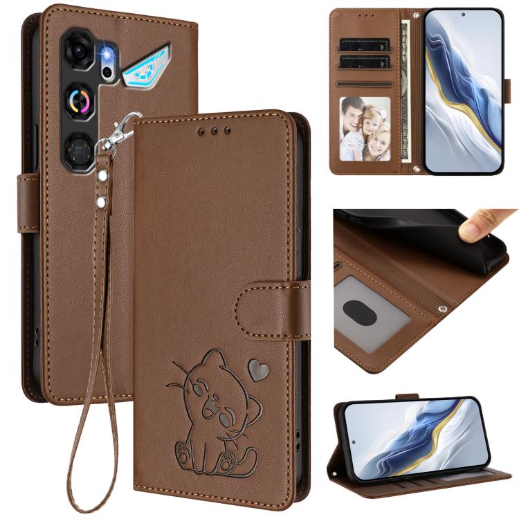 Embossed Heart Cat Leather Phone Case with Hand Strap, For ZTE nubia Neo 5 5G, For ZTE nubia Neo 5 GT 5G, For ZTE nubia P7 Pro 5G / Optus X Value 5G, For ZTE nubia P9 Pro 5G / Optus X Pro 2 5G