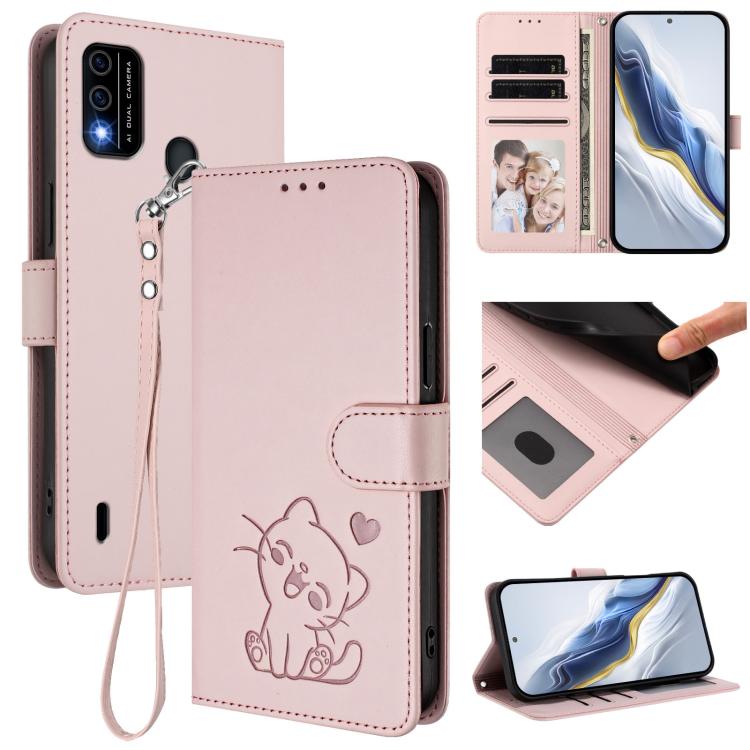 Embossed Heart Cat Leather Phone Case with Hand Strap, For Itel S17 / S661W / Vision 3, For Itel A48
