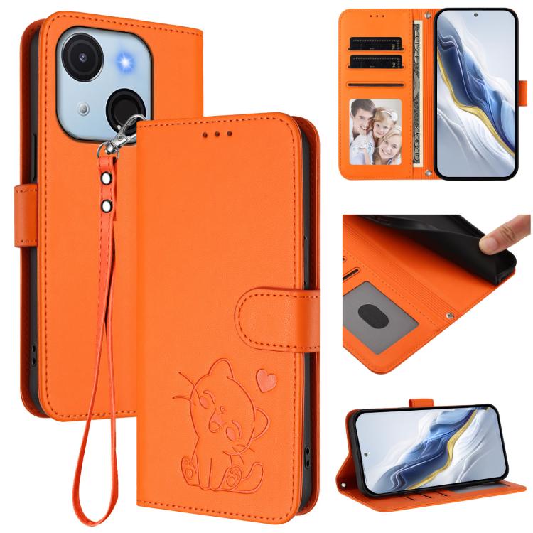 Embossed Heart Cat Leather Phone Case with Hand Strap, For Itel A80 4G, For Itel A50C, For Itel A50, For Itel A23 Pro / A17 / Pop 5C