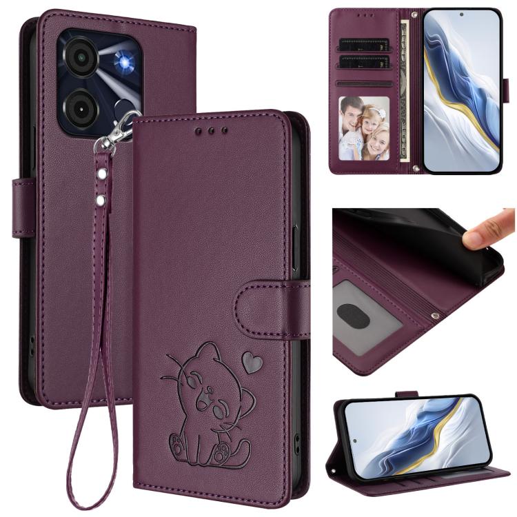 Embossed Heart Cat Leather Phone Case with Hand Strap, For Itel P55 4G / Smart 8, For Itel A05s, For Itel A70, For Itel A60 / A60s