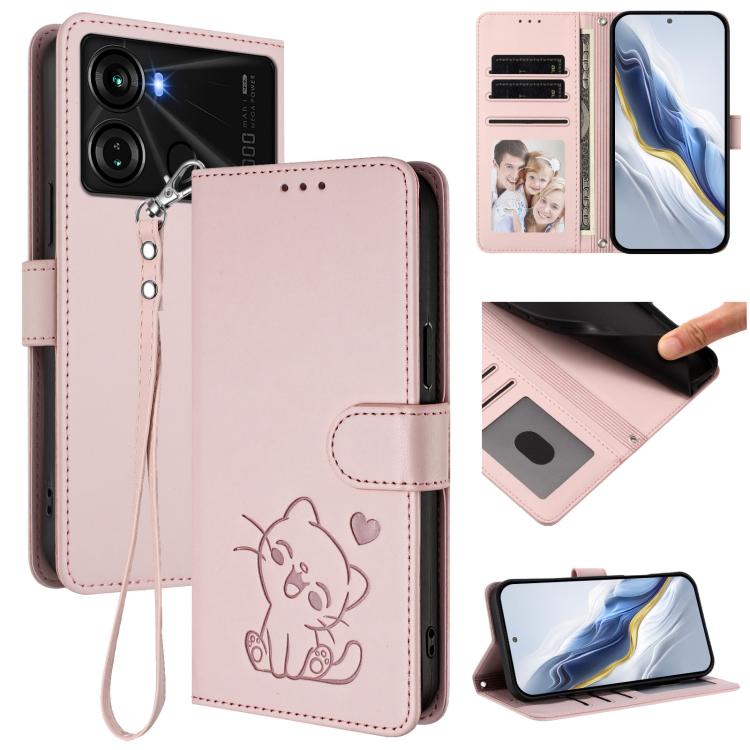 Embossed Heart Cat Leather Phone Case with Hand Strap, For Itel S23+, For Itel S23 / S665L, For Itel P40, For Itel P38 / S17 / Vision 3