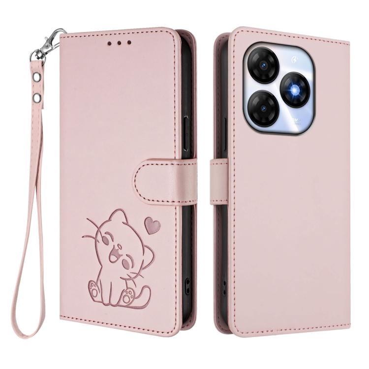 Embossed Heart Cat Leather Phone Case with Hand Strap, For Itel P55 4G / Smart 8, For Itel A05s, For Itel A70, For Itel A60 / A60s