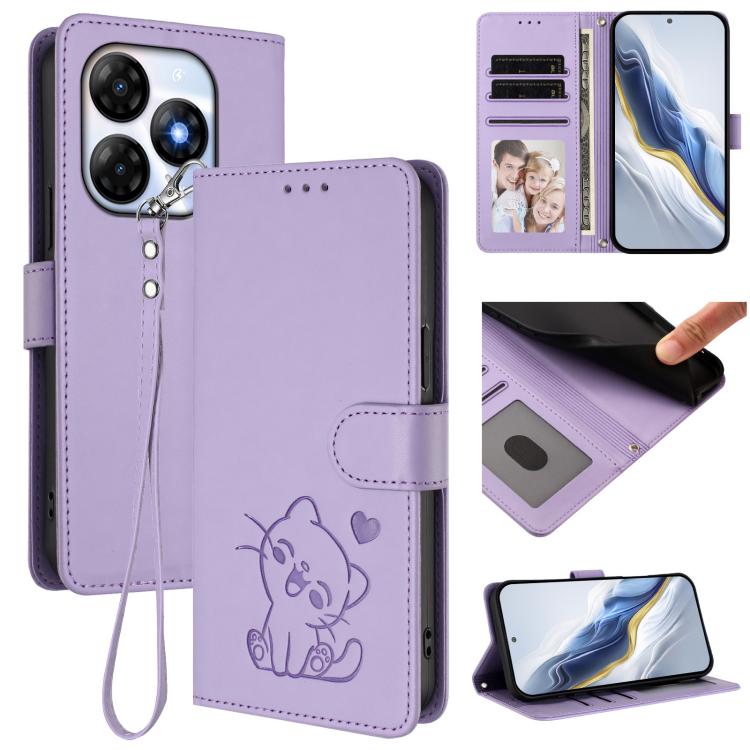 Embossed Heart Cat Leather Phone Case with Hand Strap, For Itel P55 4G / Smart 8, For Itel A05s, For Itel A70, For Itel A60 / A60s