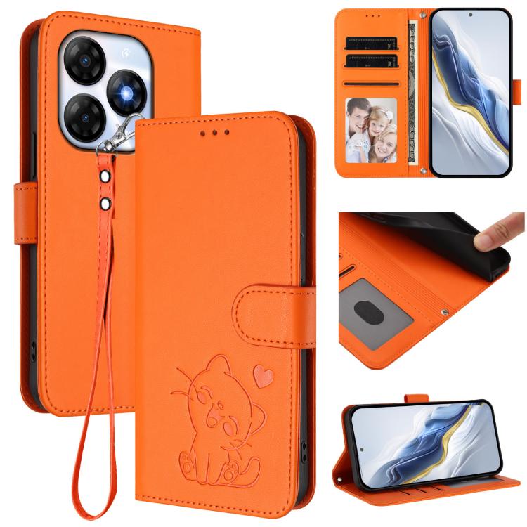 Embossed Heart Cat Leather Phone Case with Hand Strap, For Itel P55 4G / Smart 8, For Itel A05s, For Itel A70, For Itel A60 / A60s