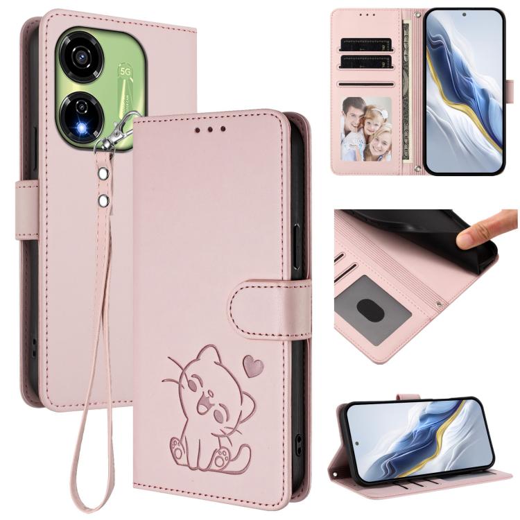 Embossed Heart Cat Leather Phone Case with Hand Strap, For Itel P55 5G, For Itel RS4 / S666LN, For Itel S24, For Itel P55+