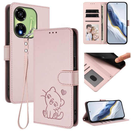 Embossed Heart Cat Leather Phone Case with Hand Strap, For Itel P55 5G, For Itel RS4 / S666LN, For Itel S24, For Itel P55+