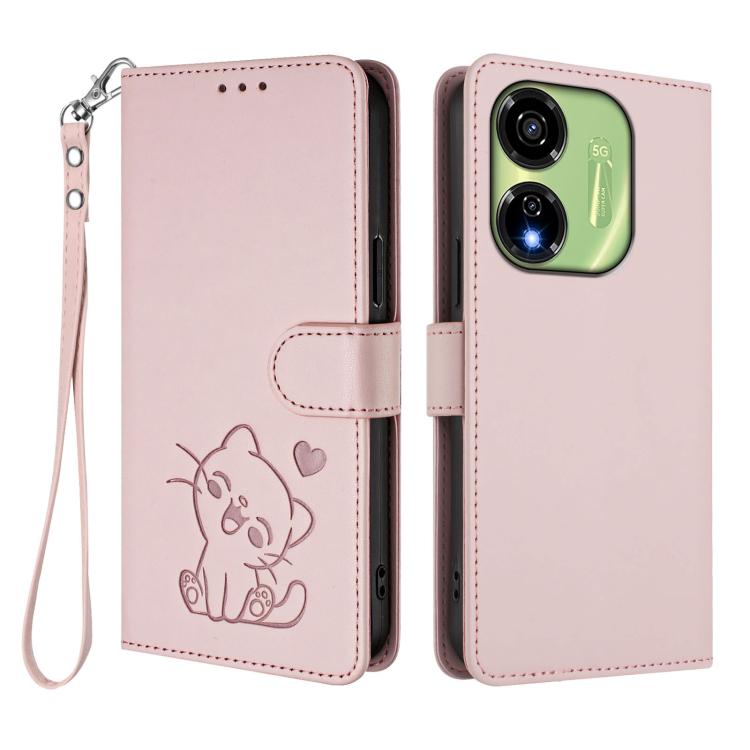 Embossed Heart Cat Leather Phone Case with Hand Strap, For Itel P55 5G, For Itel RS4 / S666LN, For Itel S24, For Itel P55+