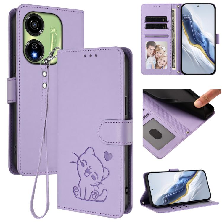 Embossed Heart Cat Leather Phone Case with Hand Strap, For Itel P55 5G, For Itel RS4 / S666LN, For Itel S24, For Itel P55+