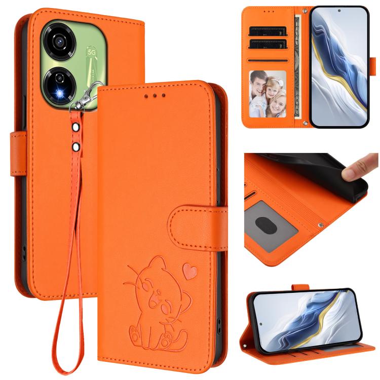 Embossed Heart Cat Leather Phone Case with Hand Strap, For Itel P55 5G, For Itel RS4 / S666LN, For Itel S24, For Itel P55+