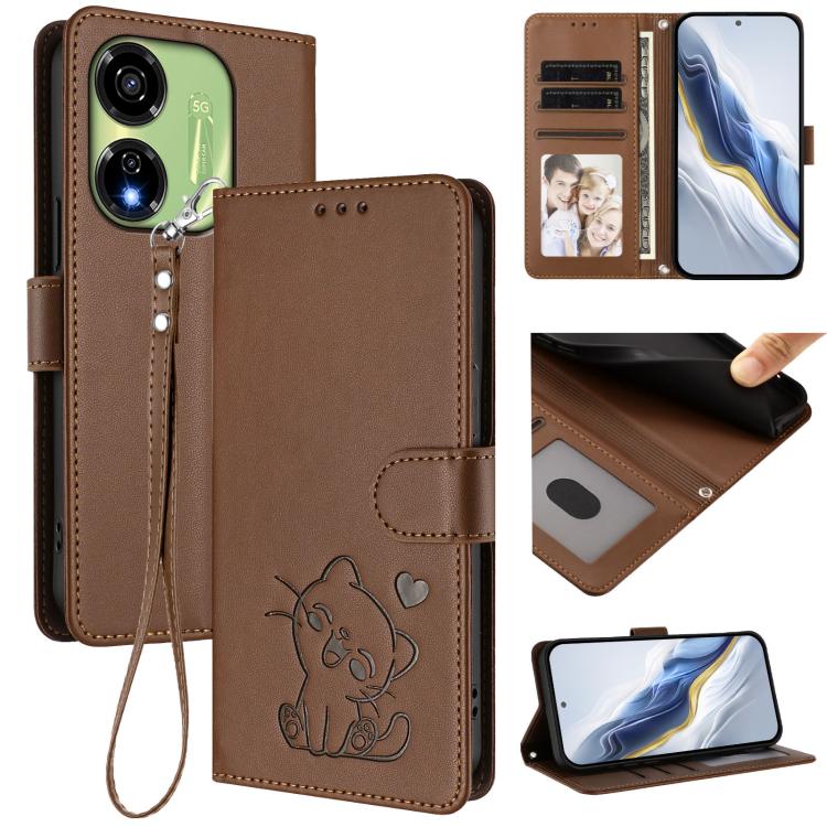 Embossed Heart Cat Leather Phone Case with Hand Strap, For Itel P55 5G, For Itel RS4 / S666LN, For Itel S24, For Itel P55+