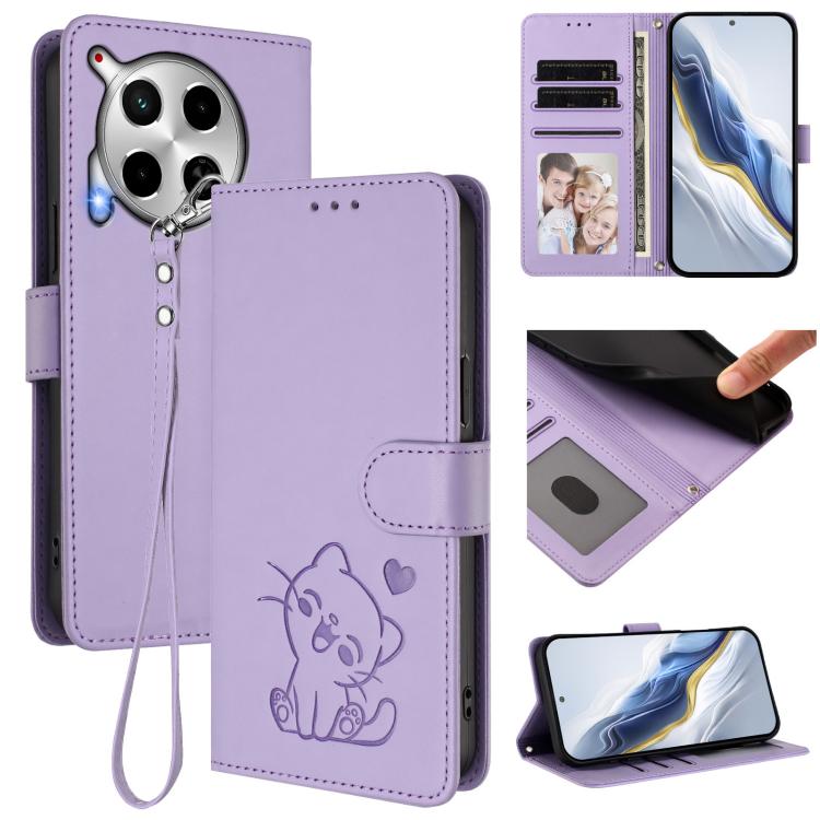 Embossed Heart Cat Leather Phone Case with Hand Strap, For Tecno Camon 30 Premier 5G, For Tecno Camon 30 4G / 5G, For Tecno Pova 6 Pro 5G, For Tecno Spark 20 Pro+ 4G