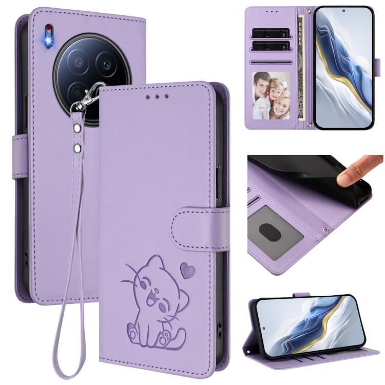 Embossed Heart Cat Leather Phone Case with Hand Strap, For Tecno Camon 40 Pro 4G, For Tecno Camon 40 Premier, For Tecno Camon 40 4G, For Tecno Spark 30C 5G / Pop 9 5G