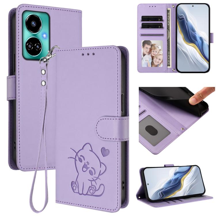 Embossed Heart Cat Leather Phone Case with Hand Strap, For Tecno Spark 10 Pro 4G / K17 4G, For Tecno Camon 19 / 19 Pro 5G, For Tecno Pova 4 Pro, For Tecno Pova 4