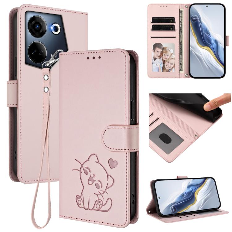 Embossed Heart Cat Leather Phone Case with Hand Strap, For Tecno Camon 20 Pro 5G, For Tecno Camon 20 4G / 20 Pro 4G, For Tecno Spark 10 5G, For Tecno Spark 10C / 10 4G