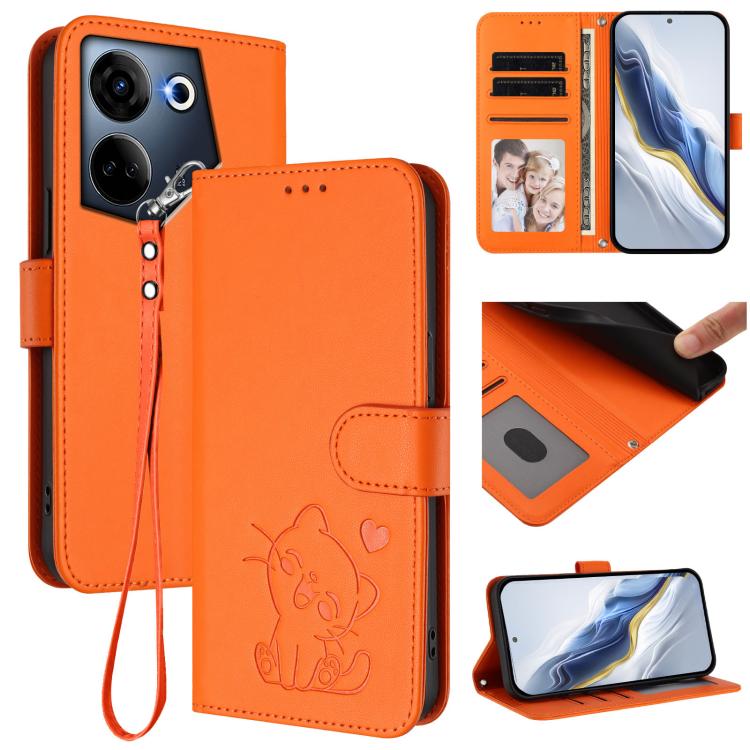 Embossed Heart Cat Leather Phone Case with Hand Strap, For Tecno Camon 20 Pro 5G, For Tecno Camon 20 4G / 20 Pro 4G, For Tecno Spark 10 5G, For Tecno Spark 10C / 10 4G