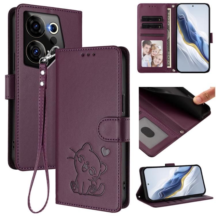 Embossed Heart Cat Leather Phone Case with Hand Strap, For Tecno Pova 5 Pro, For Tecno Pova Neo 3, For Tecno Pova 5 4G, For Tecno Camon 20 Premier 5G