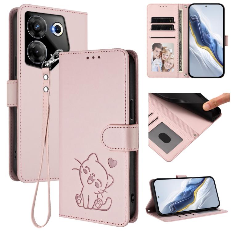 Embossed Heart Cat Leather Phone Case with Hand Strap, For Tecno Camon 20 Pro 5G, For Tecno Camon 20 4G / 20 Pro 4G, For Tecno Spark 10 5G, For Tecno Spark 10C / 10 4G
