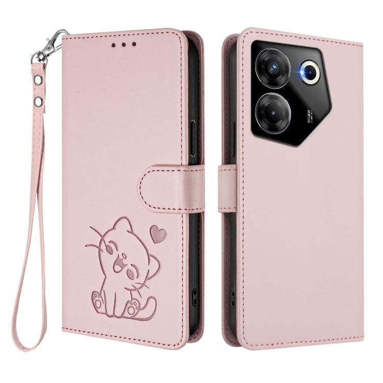 Embossed Heart Cat Leather Phone Case with Hand Strap, For Tecno Camon 20 Pro 5G, For Tecno Camon 20 4G / 20 Pro 4G, For Tecno Spark 10 5G, For Tecno Spark 10C / 10 4G