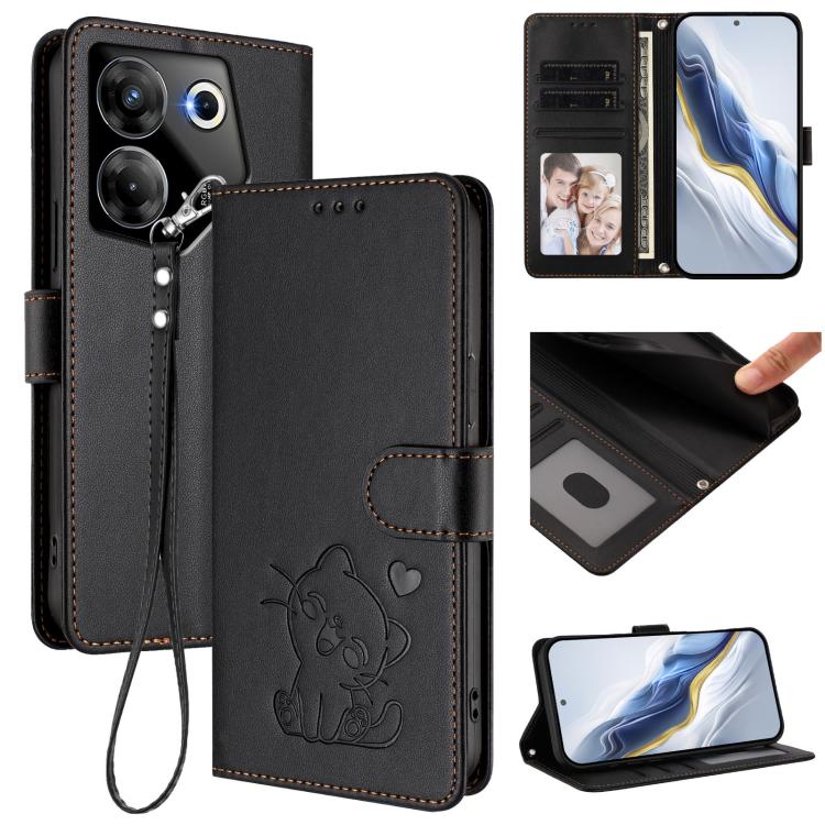 Embossed Heart Cat Leather Phone Case with Hand Strap, For Tecno Camon 20 Pro 5G, For Tecno Camon 20 4G / 20 Pro 4G, For Tecno Spark 10 5G, For Tecno Spark 10C / 10 4G