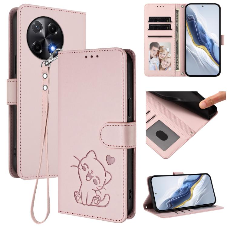 Embossed Heart Cat Leather Phone Case with Hand Strap, For Tecno Camon 30S / 30S Pro, For Tecno Pova 6 Neo 5G / Spark 30 5G, For Tecno Spark 30 5G / Pova 6 Neo 5G, For Tecno Spark 30 Pro 4G