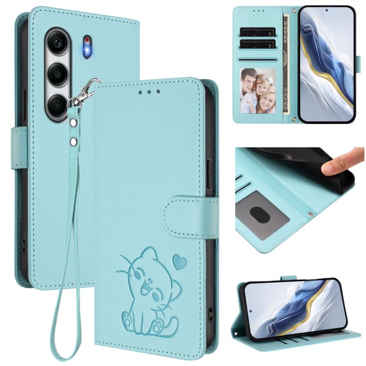 Embossed Heart Cat Leather Phone Case with Hand Strap, For Tecno Camon 40 Pro 4G, For Tecno Camon 40 Premier, For Tecno Camon 40 4G, For Tecno Spark 30C 5G / Pop 9 5G