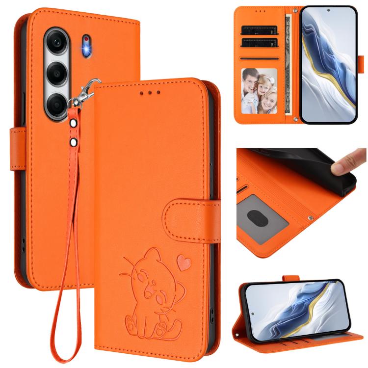 Embossed Heart Cat Leather Phone Case with Hand Strap, For Tecno Camon 40 Pro 4G, For Tecno Camon 40 Premier, For Tecno Camon 40 4G, For Tecno Spark 30C 5G / Pop 9 5G