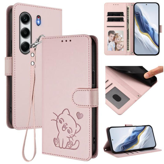 Embossed Heart Cat Leather Phone Case with Hand Strap, For Tecno Camon 40 Pro 4G, For Tecno Camon 40 Premier, For Tecno Camon 40 4G, For Tecno Spark 30C 5G / Pop 9 5G