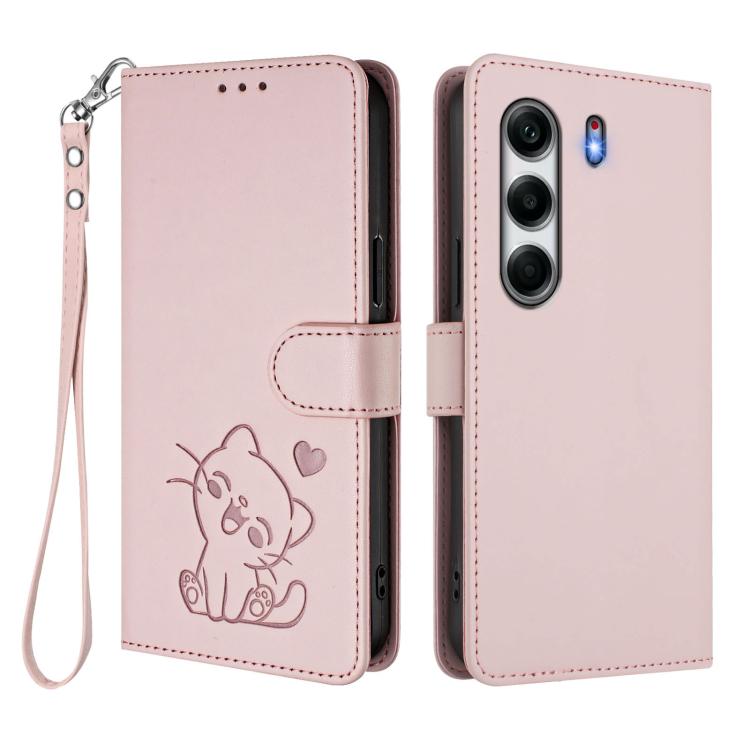 Embossed Heart Cat Leather Phone Case with Hand Strap, For Tecno Camon 40 Pro 4G, For Tecno Camon 40 Premier, For Tecno Camon 40 4G, For Tecno Spark 30C 5G / Pop 9 5G