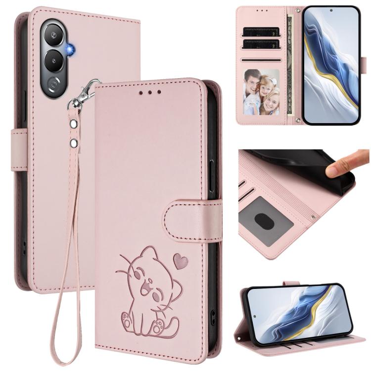 Embossed Heart Cat Leather Phone Case with Hand Strap, For Tecno Spark 10 Pro 4G / K17 4G, For Tecno Camon 19 / 19 Pro 5G, For Tecno Pova 4 Pro, For Tecno Pova 4