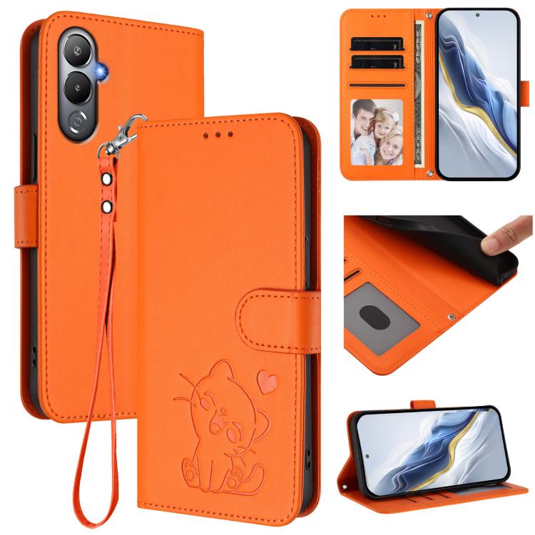 Embossed Heart Cat Leather Phone Case with Hand Strap, For Tecno Spark 10 Pro 4G / K17 4G, For Tecno Camon 19 / 19 Pro 5G, For Tecno Pova 4 Pro, For Tecno Pova 4