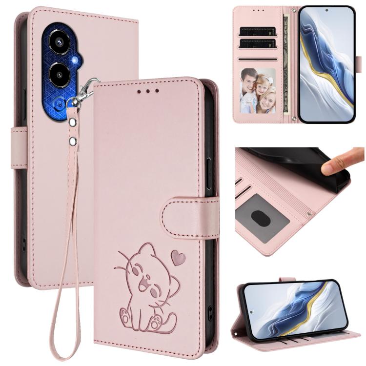 Embossed Heart Cat Leather Phone Case with Hand Strap, For Tecno Spark 10 Pro 4G / K17 4G, For Tecno Camon 19 / 19 Pro 5G, For Tecno Pova 4 Pro, For Tecno Pova 4
