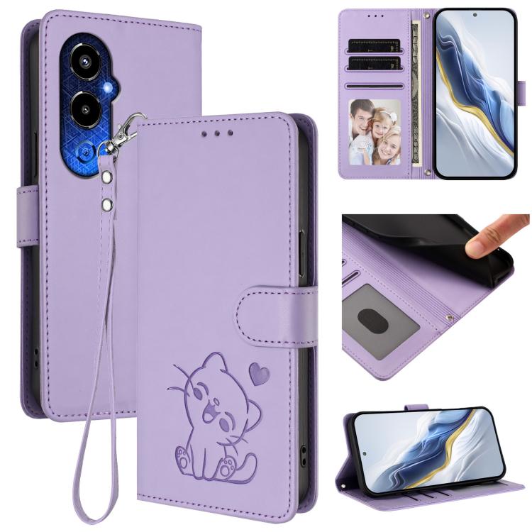 Embossed Heart Cat Leather Phone Case with Hand Strap, For Tecno Spark 10 Pro 4G / K17 4G, For Tecno Camon 19 / 19 Pro 5G, For Tecno Pova 4 Pro, For Tecno Pova 4