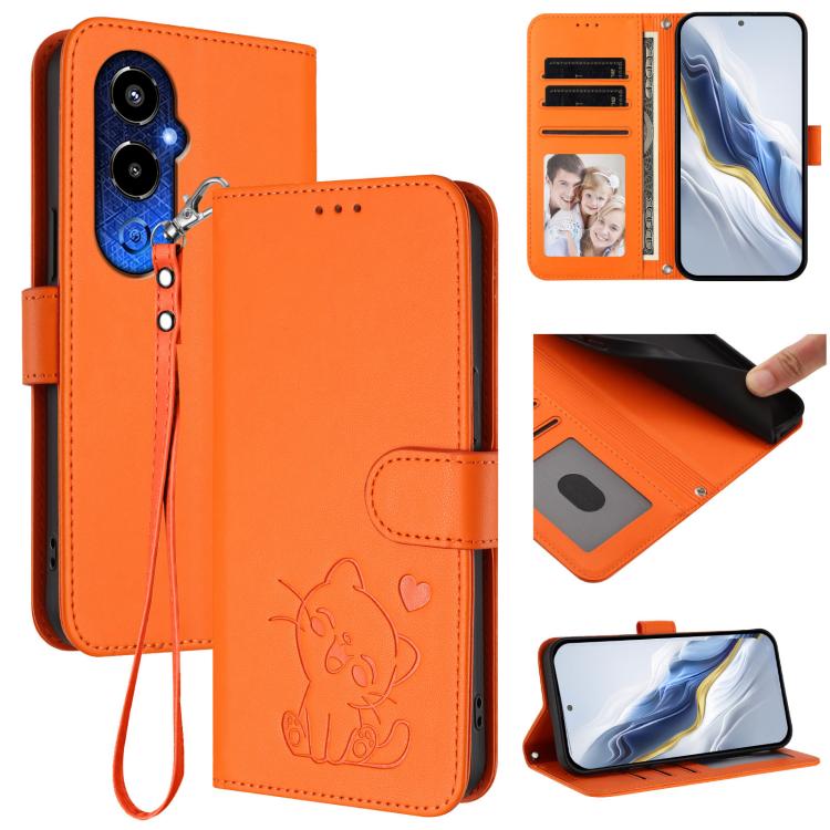 Embossed Heart Cat Leather Phone Case with Hand Strap, For Tecno Spark 10 Pro 4G / K17 4G, For Tecno Camon 19 / 19 Pro 5G, For Tecno Pova 4 Pro, For Tecno Pova 4