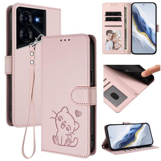 Embossed Heart Cat Leather Phone Case with Hand Strap, For Tecno Pova 5 Pro, For Tecno Pova Neo 3, For Tecno Pova 5 4G, For Tecno Camon 20 Premier 5G