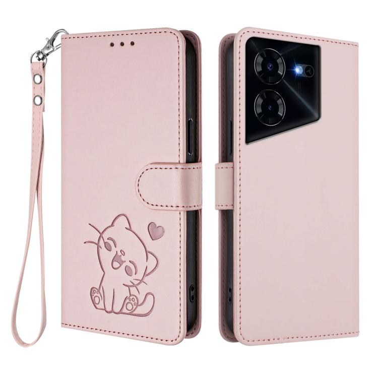 Embossed Heart Cat Leather Phone Case with Hand Strap, For Tecno Pova 5 Pro, For Tecno Pova Neo 3, For Tecno Pova 5 4G, For Tecno Camon 20 Premier 5G