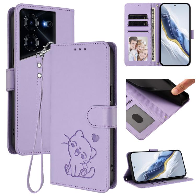 Embossed Heart Cat Leather Phone Case with Hand Strap, For Tecno Pova 5 Pro, For Tecno Pova Neo 3, For Tecno Pova 5 4G, For Tecno Camon 20 Premier 5G