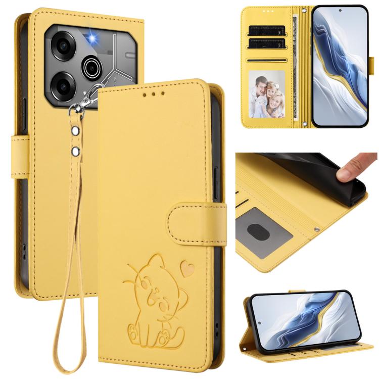 Embossed Heart Cat Leather Phone Case with Hand Strap, For Tecno Camon 30 Premier 5G, For Tecno Camon 30 4G / 5G, For Tecno Pova 6 Pro 5G, For Tecno Spark 20 Pro+ 4G