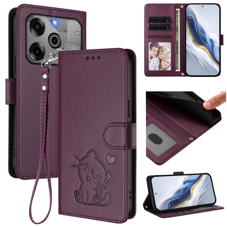 Embossed Heart Cat Leather Phone Case with Hand Strap, For Tecno Camon 30 Premier 5G, For Tecno Camon 30 4G / 5G, For Tecno Pova 6 Pro 5G, For Tecno Spark 20 Pro+ 4G