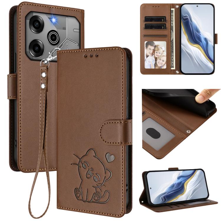 Embossed Heart Cat Leather Phone Case with Hand Strap, For Tecno Camon 30 Premier 5G, For Tecno Camon 30 4G / 5G, For Tecno Pova 6 Pro 5G, For Tecno Spark 20 Pro+ 4G