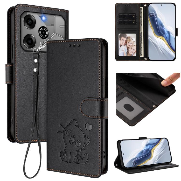 Embossed Heart Cat Leather Phone Case with Hand Strap, For Tecno Camon 30 Premier 5G, For Tecno Camon 30 4G / 5G, For Tecno Pova 6 Pro 5G, For Tecno Spark 20 Pro+ 4G