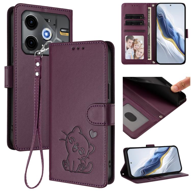 Embossed Heart Cat Leather Phone Case with Hand Strap, For Tecno Camon 30S / 30S Pro, For Tecno Pova 6 Neo 5G / Spark 30 5G, For Tecno Spark 30 5G / Pova 6 Neo 5G, For Tecno Spark 30 Pro 4G